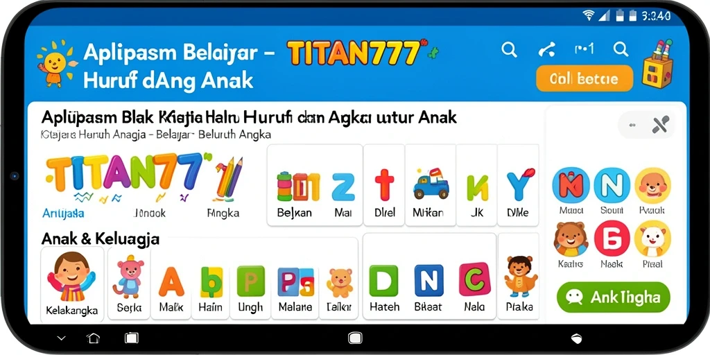 Tampilan antarmuka aplikasi TITAN777 dengan fitur belajar huruf dan angka.