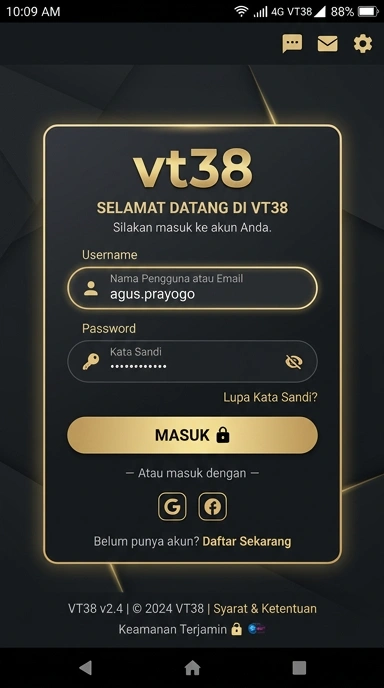 Tampilan halaman login vt38
